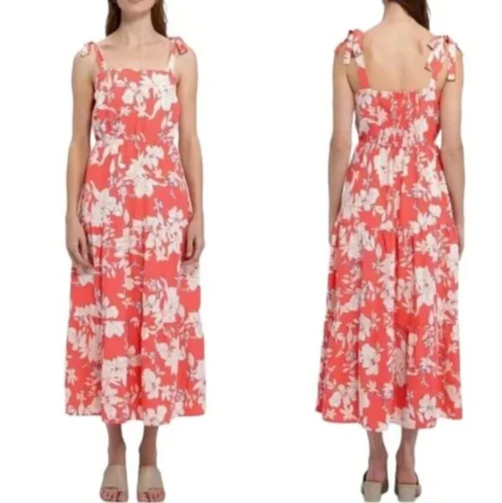 Social Standard By Sanctuary Midi Dress Size Small Coral Cream Floral Tiered